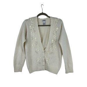 Vtg De Rotchild Sz M Silk Hand-Beaded Cardigan 1960s Faux Pearl Buttons Angora